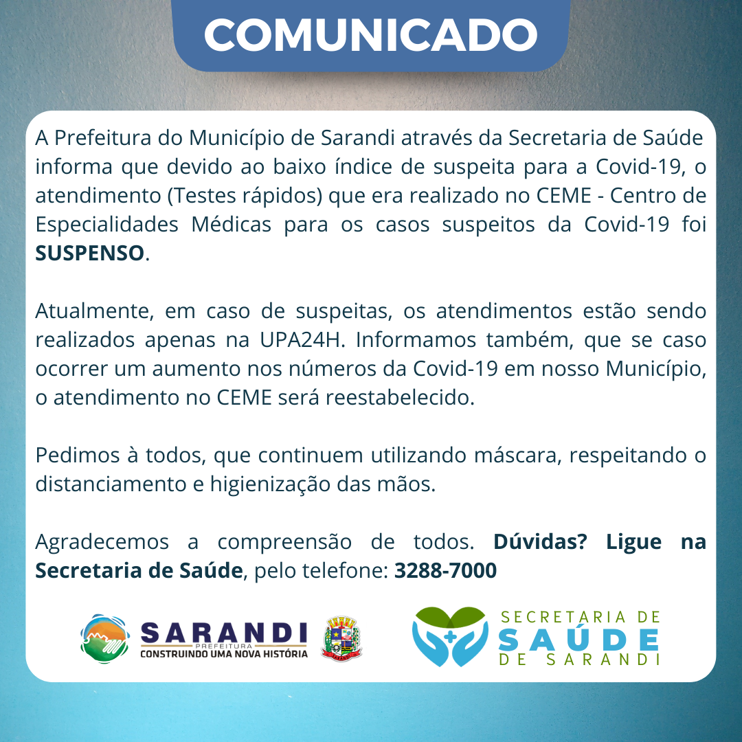 Comunicado atendimento Covid-19 no CEME - Centro de Especialidades Médicas